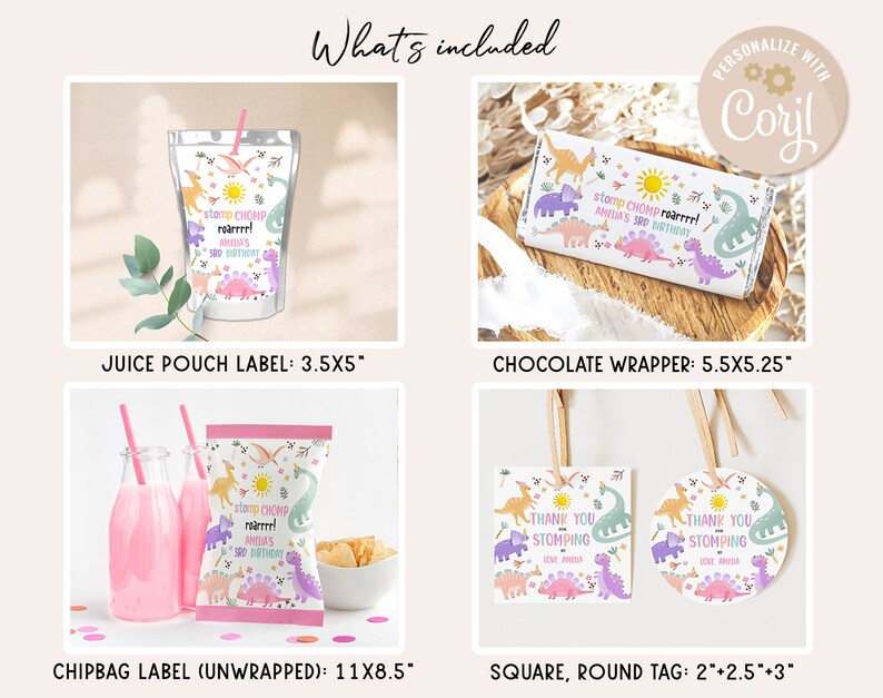 May include: Printable dinosaur party favour labels for juice pouches, chocolate wrappers, chip bags, and square and round tags. The labels feature a colourful dinosaur design with the text "stomp chomp roarrrr!" and "Amelia's 3rd Birthday".