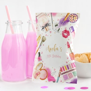 Etichette per sacchetti di patatine per feste in spa, trucco per bambine, decorazioni per pigiama party, festa di coccole, manicure e pedicure per adolescenti, pigiama party, snack glamour, dolcetti, stampabili BT70