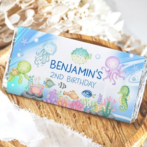 May include: A blue and white chocolate bar wrapper with a seahorse, turtle, jellyfish, octopus, and fish. The wrapper says "Benjamin's 2nd Birthday".
