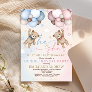 Teddy Bear Gender Reveal Invitation We Can Bearly Wait Invite Boy or Girl He or She Blue Pink Hot Air Balloons Pampas Grass EDITABLE BS21M image 6