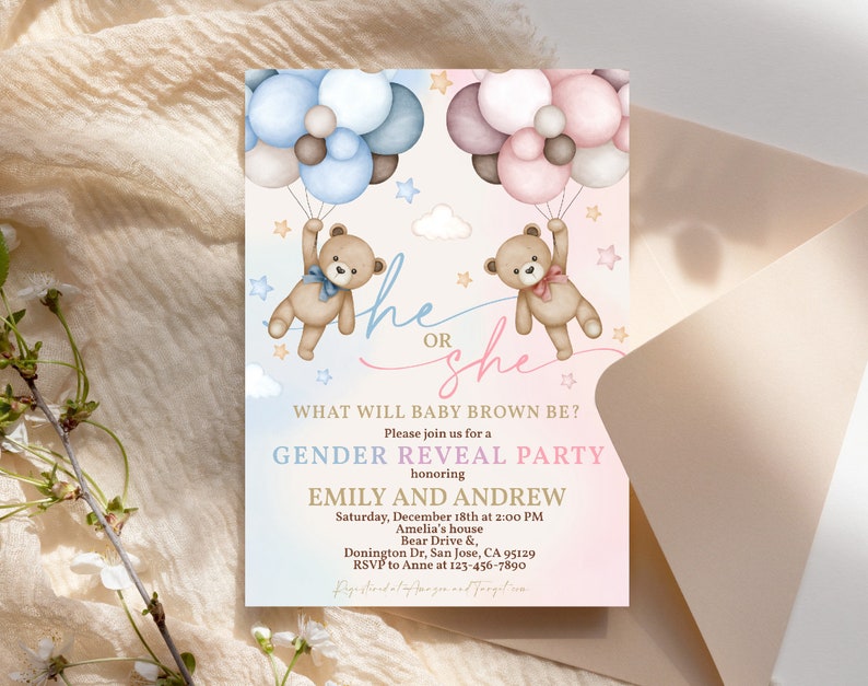 Teddy Bear Gender Reveal Invitation We Can Bearly Wait Invite Boy or Girl He or She Blue Pink Hot Air Balloons Pampas Grass EDITABLE BS21M image 6