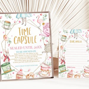 Alice in Wonderland Time Capsule Alice in Onederland Girl 1st Birthday Decor Mad Hatter Tea Party Pink Gold Floral Guestbook EDITABLE BT11W