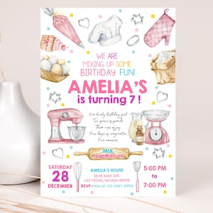 Baking Birthday Invitation Girl Chef Birthday Invite Pink Cooking Party Cake Decorating Cupcake Bakery Sweet Cookie Bake Shop EDITABLE BT55P