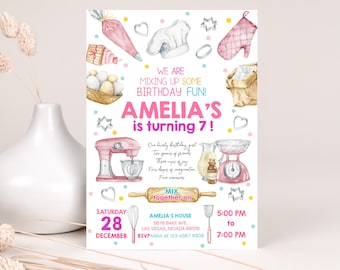 May include: A pink and white birthday invitation with a watercolor illustration of kitchen tools and the text "We are mixing up some birthday fun! Amelia's is turning 7!"  The invitation includes the date "Saturday, December 28" and the time "5:00 PM to 7:00 PM".