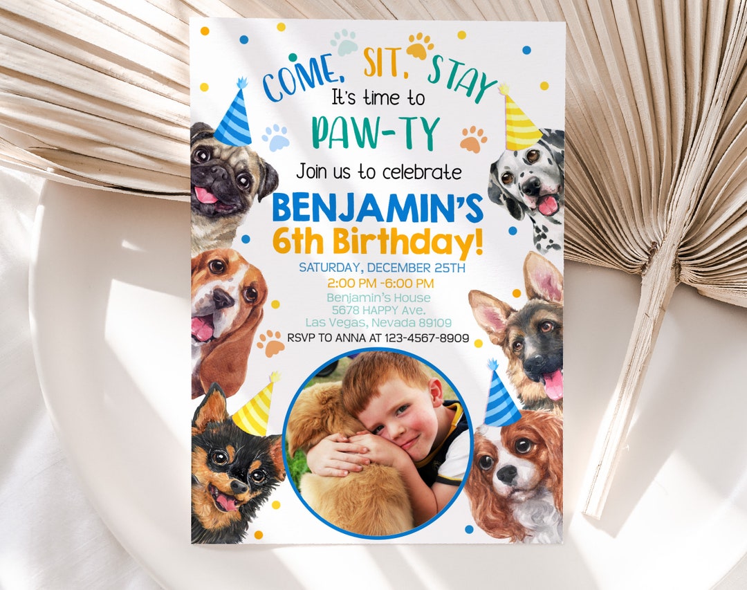 Dog Birthday Photo Invitation Boy 1st Birthday Party Invite Blue Puppy ...