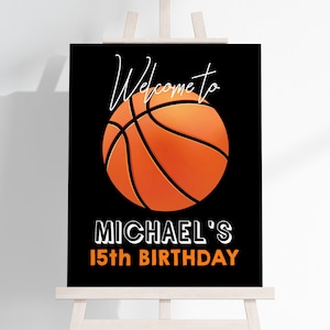 Placa de boas-vindas de aniversário de basquete, decoração de festa de aniversário para meninos e meninas, pôster esportivo de todas as estrelas, hora do jogo, placa de varanda EDITÁVEL BT13K