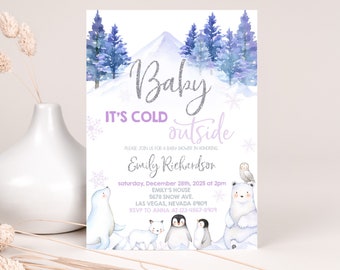 Baby Its Cold Outside Invitation, Winter Wonderland, Polar Bear Invite, Arctic Animal, Blue Purple Snowflake Forest Woodland EDITABLE BS06HV