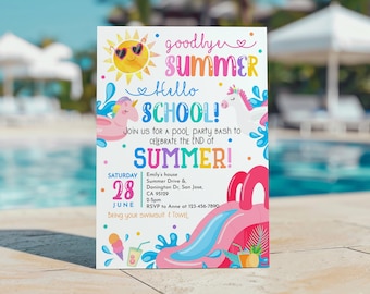 Invitation fête de fin d'année à la piscine, au revoir été, invitation à une fête de fin d'année à la piscine, toboggan aquatique, parc aquatique dans la cour de l'école, parc aquatique Splish Splash MODIFIABLE SU01P