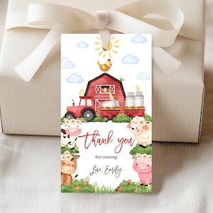 Étiquettes de cadeau ferme baby shower, animaux de la grange, garçon fille, cadeau d'anniversaire, étiquette rouge, animaux de la basse-cour, verdure, ranch, vache, cochon, agneau, imprimable BS62R AT12R