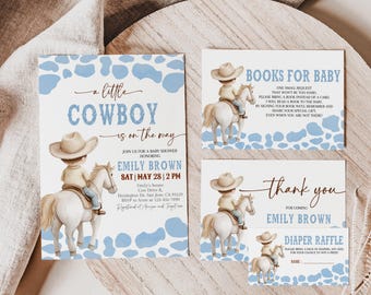 May include: A blue and white baby shower invitation with a cowboy theme. The invitation features a cartoon cowboy riding a horse with the text "a little cowboy is on the way". The invitation also includes the text "Join us for a baby shower honoring Emily Brown, Sat | May 28 | 2 PM".