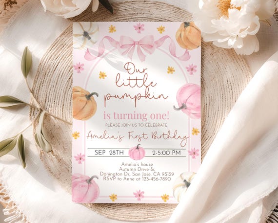 Our Little Pumpkin Birthday Invitation White Orange Pink Pumpkin Bow Invite Girl 1st Pink Ribbon Floral Autumn Fall Party EDITABLE AT99P