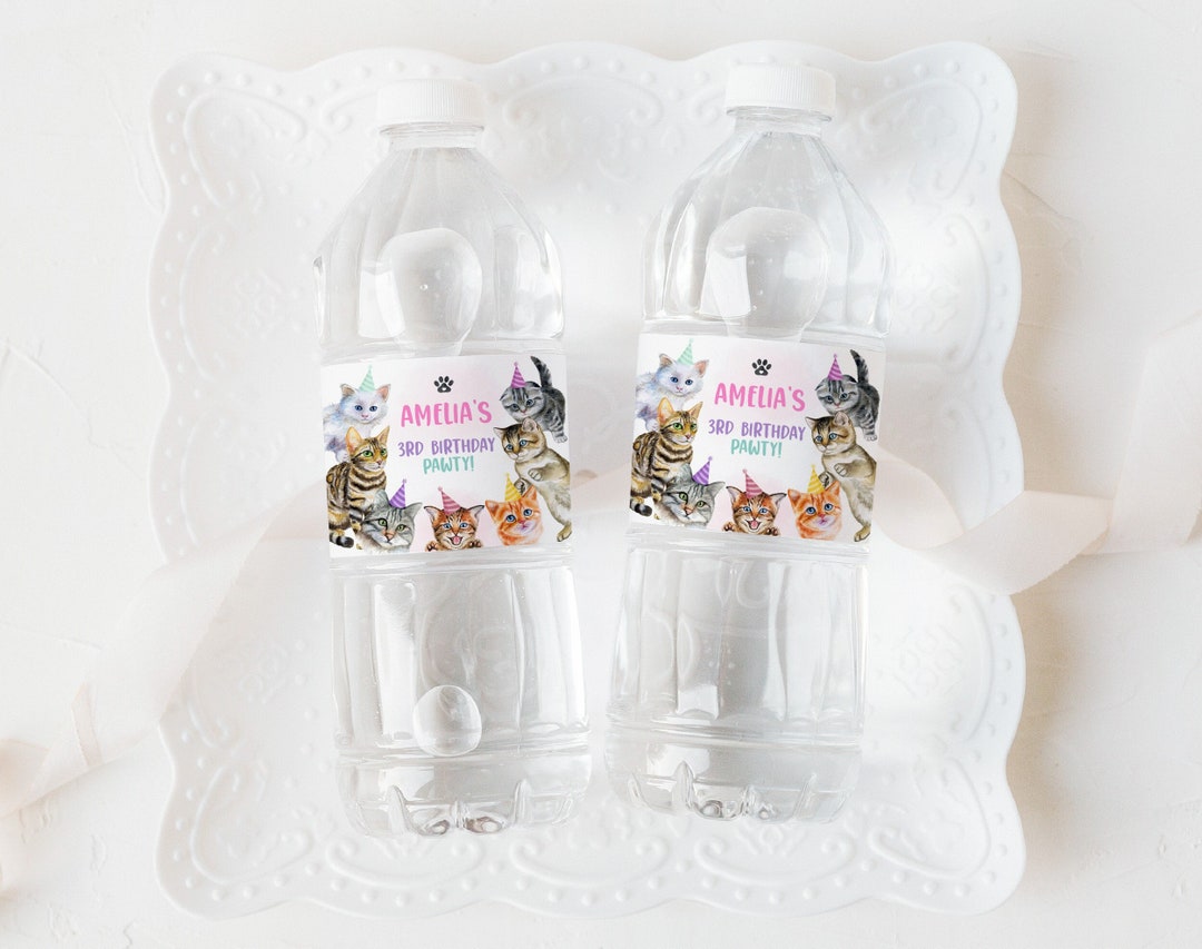 Kitty Cat Water Bottle Labels Boy Girl 1st Birthday Party Decor Kitten ...
