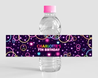 Glow Water Bottle Label Birthday Party Favors Bottle Wrapper Neon Dark Theme Gift Laser Decor Rainbow Waterproof Sticker Printable BT45
