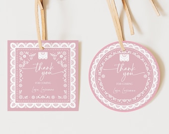 Pink Cielito Lindo Favor Tag, Mexican Folk Baby Shower Gift Tags, Talavera Baptism Party, Papel Picado Circle Square Printable AS42P BP01P