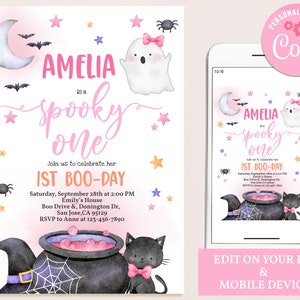 May include: A pink and purple Halloween-themed first birthday party invitation for a girl named Amelia. The invitation features a ghost, a black cat, a cauldron, and stars. The text reads "Amelia is a spooky one. Join us to celebrate her 1st Boo-Day. Saturday, September 28th at 2:00 PM. Emily's House. Boo Drive & Donington Dr, San Jose, CA 95129. RSVP to Anne at 123-456-7890."