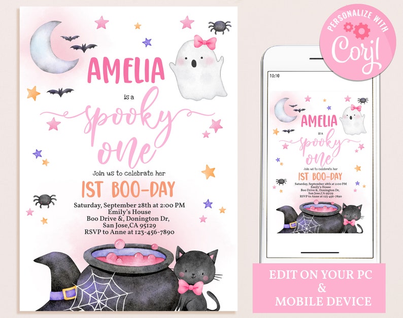 May include: A pink and purple Halloween-themed first birthday party invitation for a girl named Amelia. The invitation features a ghost, a black cat, a cauldron, and stars. The text reads "Amelia is a spooky one. Join us to celebrate her 1st Boo-Day. Saturday, September 28th at 2:00 PM. Emily's House. Boo Drive & Donington Dr, San Jose, CA 95129. RSVP to Anne at 123-456-7890."