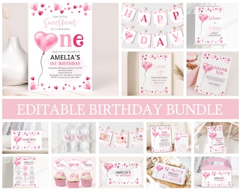 May include: Editable printable birthday party decorations in pink and white with a pink heart balloon theme. The set includes a welcome sign, thank you card, cupcake toppers, a time capsule, a banner, and more. The text on the invitation says "Our little sweetheart is turning one. Join us to celebrate Amelia's 1st birthday."