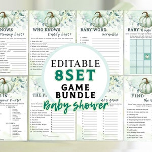 Juegos de baby shower de calabaza. La pequeña calabaza verde está en camino. Paquete de fiesta. Bingo para mamá y papá. Plantilla editable. Descarga instantánea. BBS001