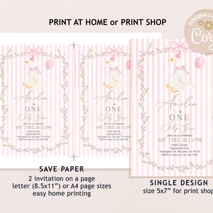 May include: Pink and white striped invitation with a cartoon goose wearing a party hat, a pink bow, and a balloon. The invitation reads "Amelia is ONE" and includes event details. The design is available in multiple sizes for home printing or print shops.