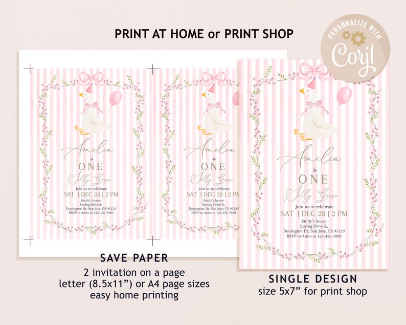 May include: Pink and white striped invitation with a cartoon goose wearing a party hat, a pink bow, and a balloon. The invitation reads "Amelia is ONE" and includes event details. The design is available in multiple sizes for home printing or print shops.
