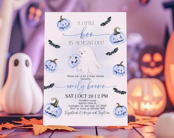 May include: A Halloween-themed baby shower invitation with a ghost holding a pumpkin, surrounded by bats and blue pumpkins. The invitation reads "A Little Boo is Almost Due!" and includes event details.