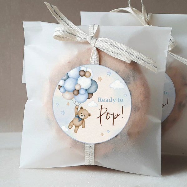 Teddybär-Baby-Dusche bereit, Etiketten Popcorn Aufkleber Boho Blau Ballons Favor Tags Herbst Geburtstag Geschenkanhänger Danke Printable BS21B