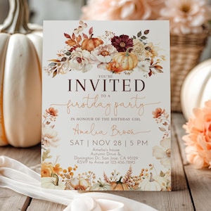 May include: A rectangular invitation card with the text "YOU'RE INVITED to a firstday party" and the name "Amelia Brown". The card features floral and pumpkin illustrations in shades of orange, brown, and white. The background includes pumpkins and flowers.