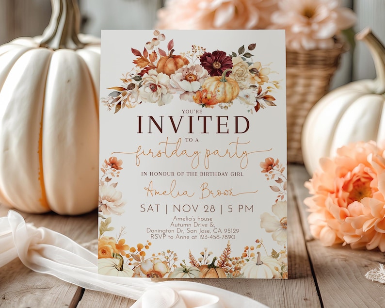 May include: A rectangular invitation card with the text "YOU'RE INVITED to a firstday party" and the name "Amelia Brown". The card features floral and pumpkin illustrations in shades of orange, brown, and white. The background includes pumpkins and flowers.