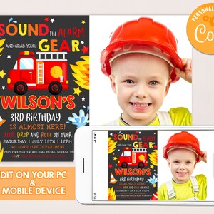 Op de afbeelding: Een printbare uitnodiging voor een 3e verjaardagsfeest met een brandweerthema. De uitnodiging toont een rode brandweerwagen met gele vlammen en de tekst "Sound the Alarm and Grab Your Gear." De uitnodiging bevat ook de naam van het kind, de leeftijd en de feestdetails.