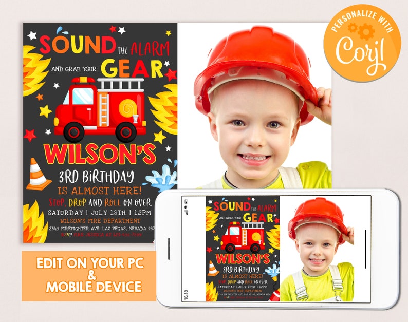 Op de afbeelding: Een printbare uitnodiging voor een 3e verjaardagsfeest met een brandweerthema. De uitnodiging toont een rode brandweerwagen met gele vlammen en de tekst "Sound the Alarm and Grab Your Gear." De uitnodiging bevat ook de naam van het kind, de leeftijd en de feestdetails.