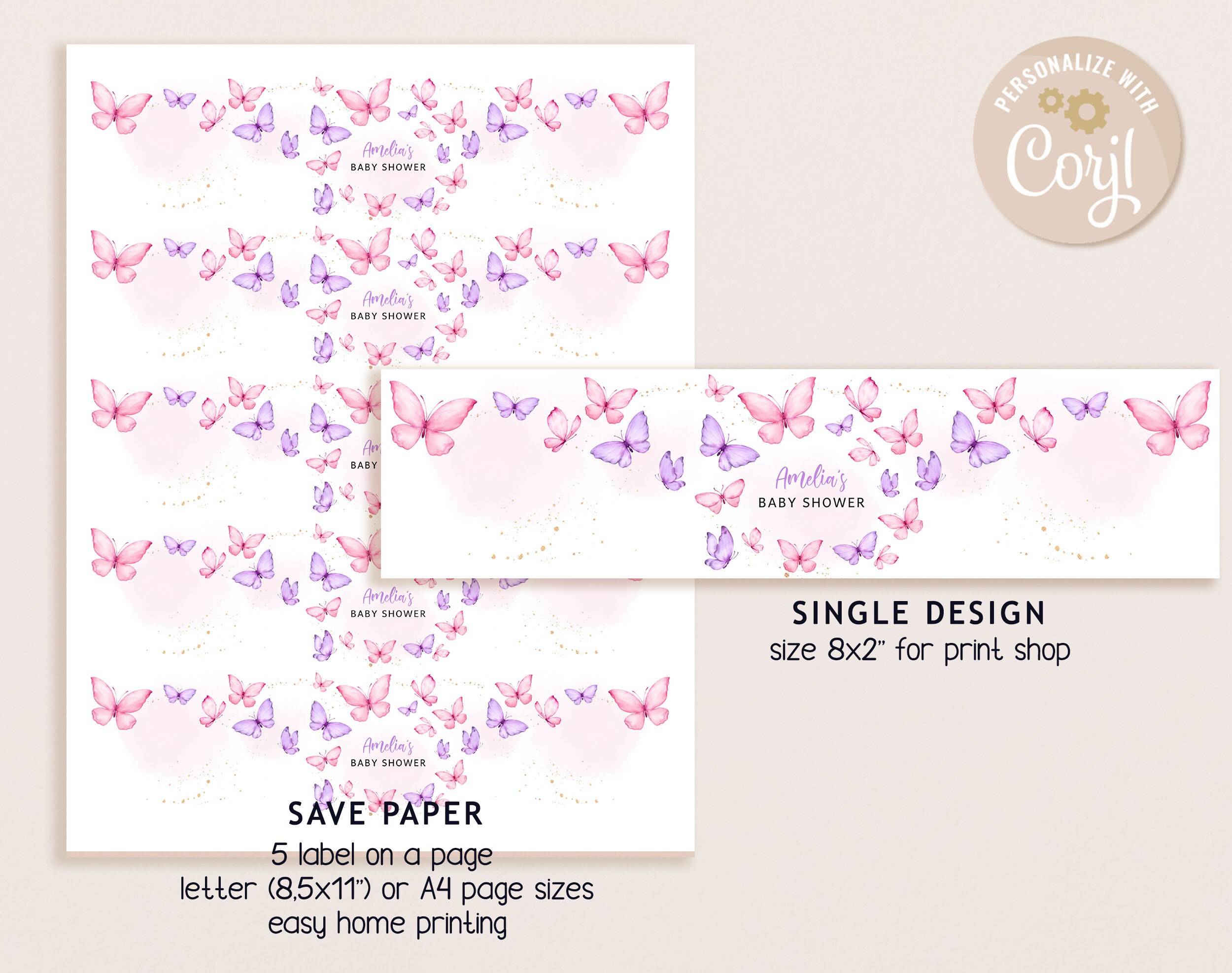 Pink Butterfly Label Butterfly Baby Shower Water Bottle Label Girl Gender Neutral Pink ...