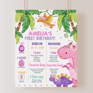 Dinosaur Birthday Milestone Board Sign Girl 1st First Birthday Decor Cute Dino Party Jungle Animals Wild Stomp Chomp Roar EDITABLE BT16P
