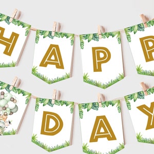 Safari Birthday Banner Jungle Animals Boy Wild One Garland Zoo Animal Party Decor Tropical Balloons Bunting Flag Gold Green Printable BT96G