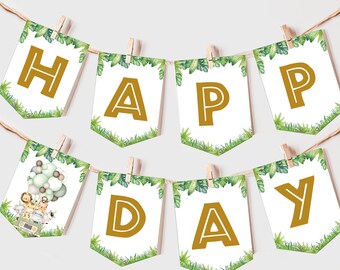Peut inclure: Une bannière verte et blanche avec les mots "Happy Day" en lettres dorées. La bannière est décorée de feuilles vertes et d'une petite illustration d'animaux qui font du jeep.