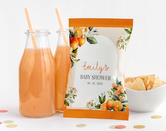 Könnte beinhalten: Orangefarbener und weißer Babyparty-Geschenkbeutel mit floralem Design und dem Text "Emily's Baby Shower 08.28.2058".