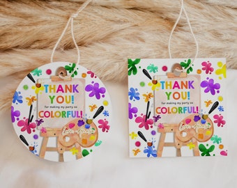 Art Birthday Favor Tags Painting Party Gift Tags Girl 1st Birthday Decor Watercolor Rainbow Paint Party Craft Thank You Tags Printable AT11P