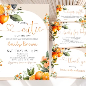 A Little Cutie is on the Way Invitation Bundle Orange Baby Shower Invite Set Clementine Party Citrus Tangerine Floral Arch EDITABLE BS55O