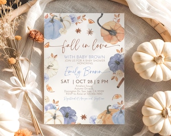 Fall in Love Baby Shower Invitation, Boy Blue Pumpkin Invite, Rustic Autumn Leaves, Orange White Floral, Thanksgiving Party EDITABLE AS05B