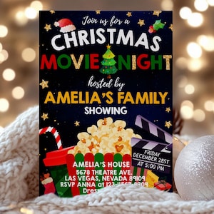 Christmas Movie Night Invitation Party Invite Family Kids Holiday Winter School Event Sleepover EDITABLE Template Instant Download HOL005