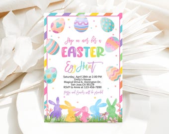 Easter Egg Hunt Invitation Easter Peeps Hop On Over Invite Kids Colorful Pastel Happy Easter Bunny Party Sunday Brunch Rabbit Printable HL41