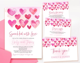 Sprinkled with Love Baby Shower Invitation Bundle, Valentine's Day Invite Set, Pink Red Hearts, Valentine Heart Party Girl EDITABLE BS64P