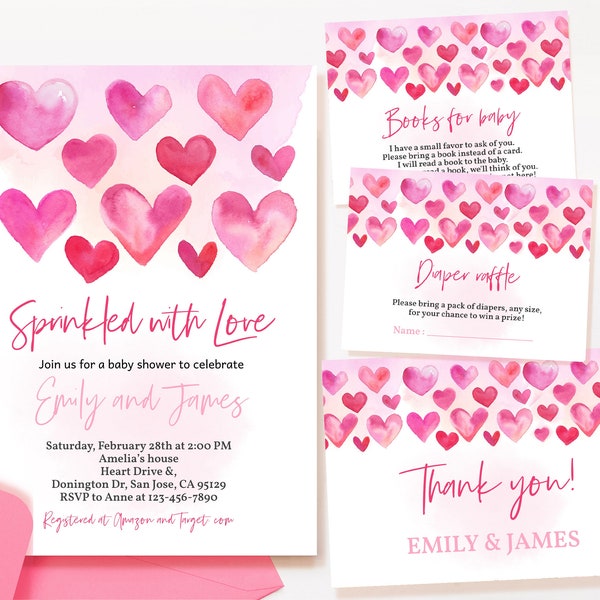 Valentines Day Baby Shower Bundle Sprinkled with Love Invitation Suite Girl Gender Neutral Party Invite Set Pink Red Hearts EDITABLE BS64P