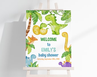 Könnte beinhalten: Willkommen zur Babyparty von Emily Schild mit einer Aquarell-Illustration von Dinosauriern in Grün, Blau, Lila, Orange und Gelb. Das Schild lautet "Willkommen zur Babyparty von Emily" und "Samstag, 28. September 2058".