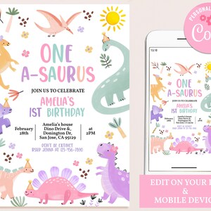 May include: A printable invitation for a first birthday party with a dinosaur theme. The invitation features a colorful dinosaur design with the text "One A-saurus" and "Amelia's 1st Birthday".