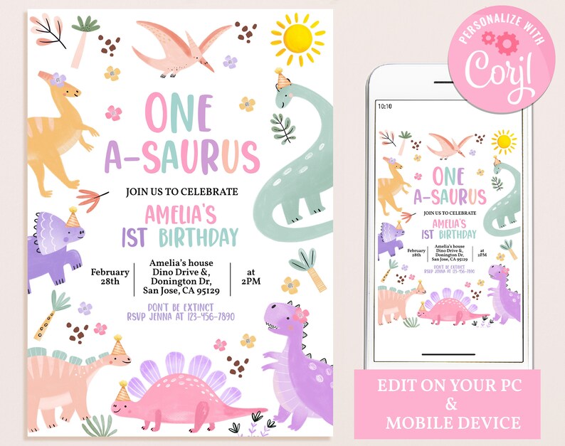 May include: A printable invitation for a first birthday party with a dinosaur theme. The invitation features a colorful dinosaur design with the text "One A-saurus" and "Amelia's 1st Birthday".