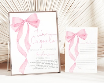 Pink Bow Birthday Time Capsule Sign Coquette 1st Birthday Party Decor Soft Pastel Watercolor Pink Ribbon Elegant Guestbook EDITABLE AT63P