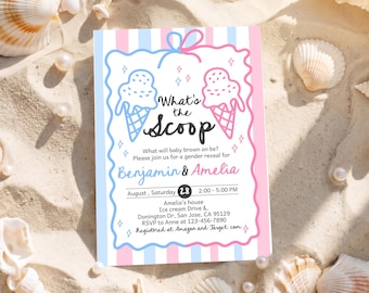 What's the Scoop Gender Reveal Invitation, Ice Cream Summer Party Invite, Boy or Girl, Pink Blue Bow Striped Hand Drawn EDITABLE AS85M