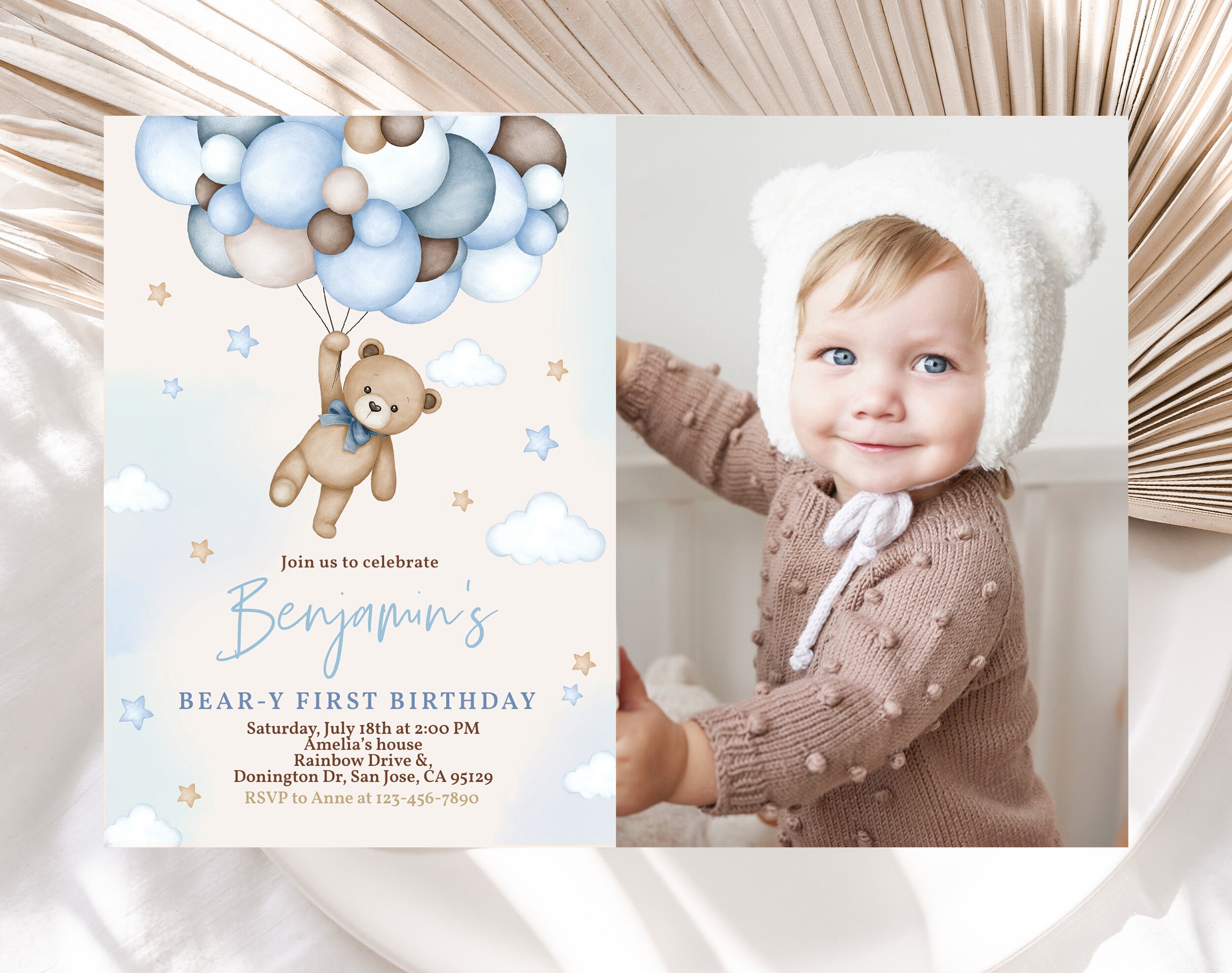 Teddy Bear Birthday Photo Invitation Beary 1st First Birthday Party ...