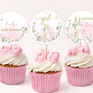 Häschen-Baby-Dusche Cupcake Toppers Little Bunny Girl Frühling Party Dekor Ostern Kaninchen Rosa Gold Blumen Blumen Dessert Etiketten Printable BS12P