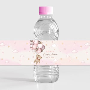 Etiquetas para bebidas con forma de osito de peluche, etiquetas para botellas de agua para baby shower, globos rosas, regalos para fiestas de cumpleaños, pegatinas impermeables, plantilla EDITABLE BS21P